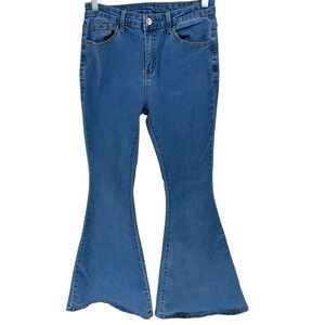 Women's Shein Jeans Sz M 6 Boho Bell Bottom Flare Embroidered Stretch Jeans